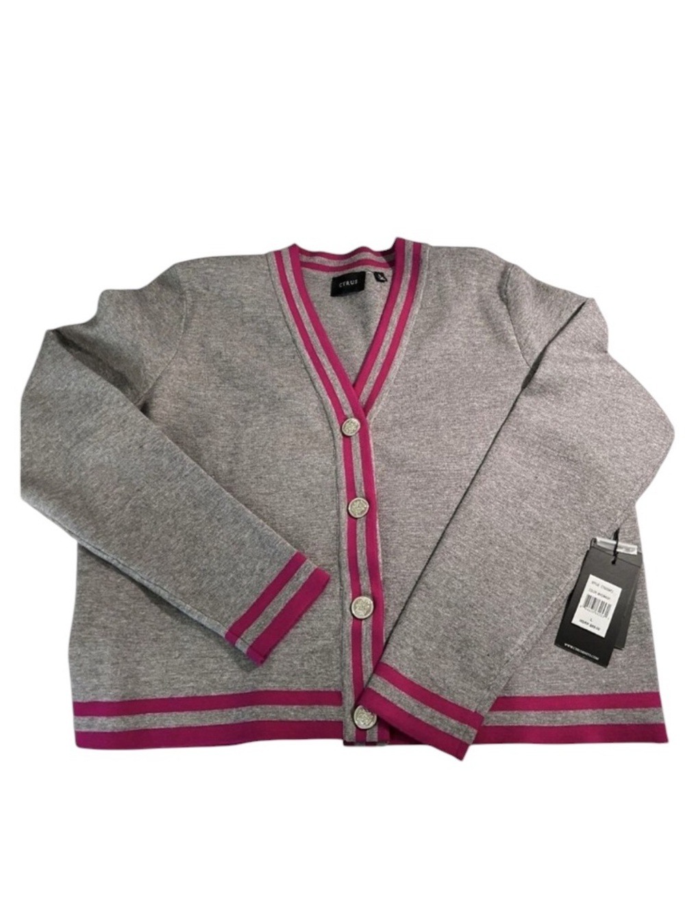 Cyrus NY Crop Cardigan Sweater Soft V-Neck Gray Magenta Stripes LARGE NWT
